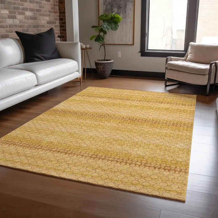 3' X 5' Wheat And Gold Striped Washable Indoor Outdoor Area Rug