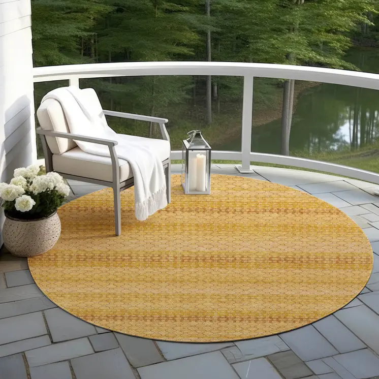 8' Wheat And Gold Round Striped Washable Indoor Outdoor Area Rug