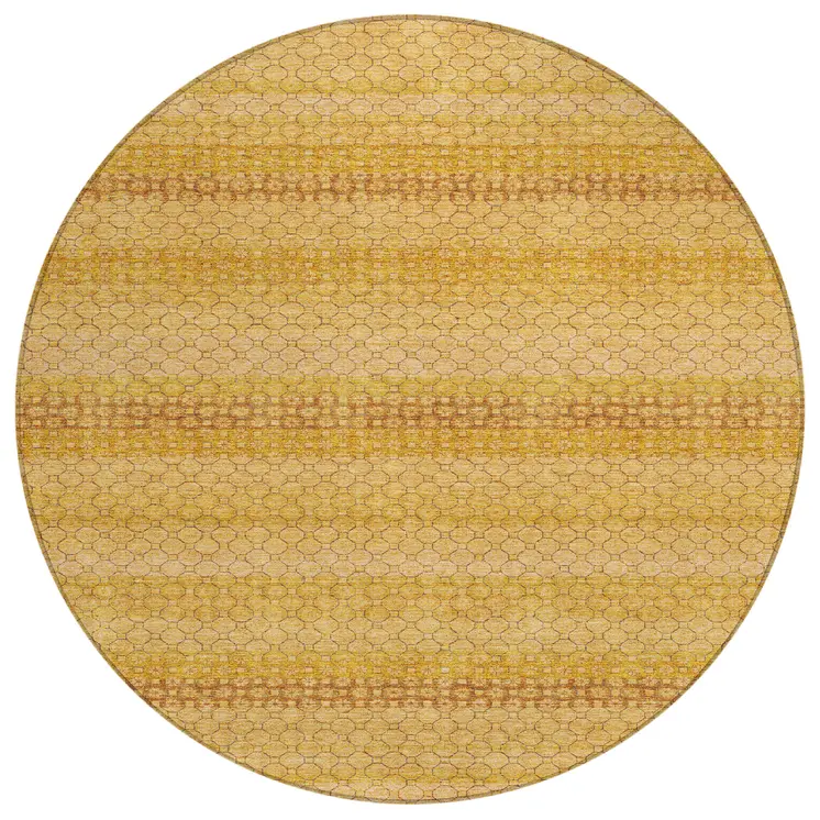 8' Wheat And Gold Round Striped Washable Indoor Outdoor Area Rug