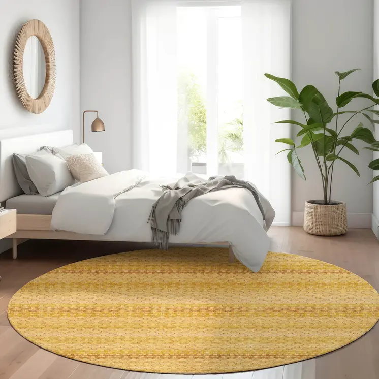 8' Wheat And Gold Round Striped Washable Indoor Outdoor Area Rug