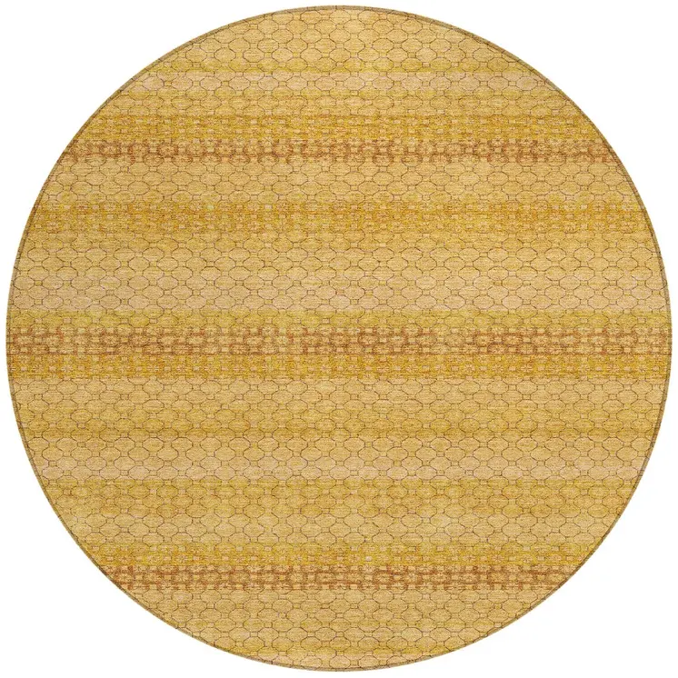 8' Wheat And Gold Round Striped Washable Indoor Outdoor Area Rug