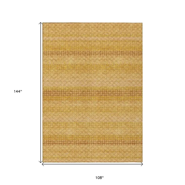 9' X 12' Wheat And Gold Striped Washable Indoor Outdoor Area Rug
