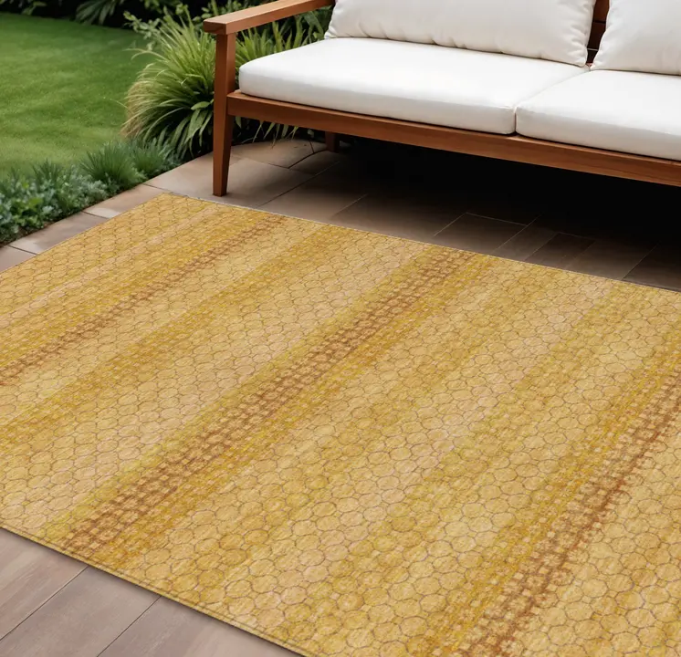9' X 12' Wheat And Gold Striped Washable Indoor Outdoor Area Rug