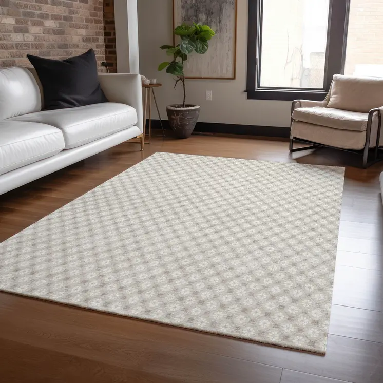 5' X 8' Beige And Ivory Floral Washable Indoor Outdoor Area Rug