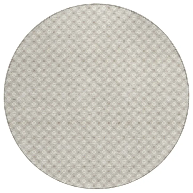 8' Beige And Ivory Round Floral Washable Indoor Outdoor Area Rug