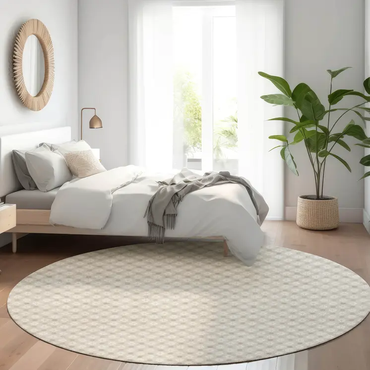8' Beige And Ivory Round Floral Washable Indoor Outdoor Area Rug