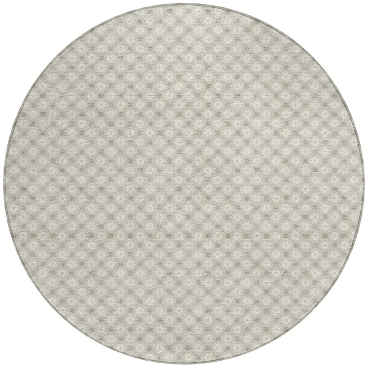 8' Beige And Ivory Round Floral Washable Indoor Outdoor Area Rug