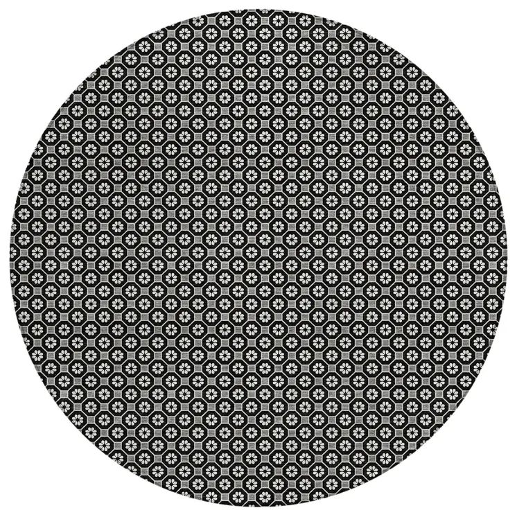 8' Black And Gray Round Floral Washable Indoor Outdoor Area Rug