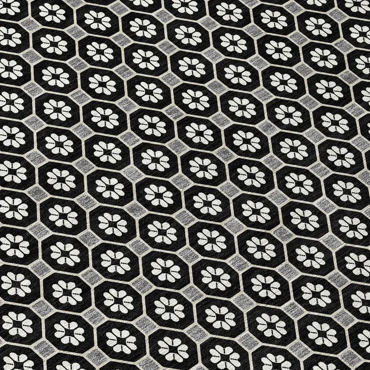 8' Black And Gray Round Floral Washable Indoor Outdoor Area Rug