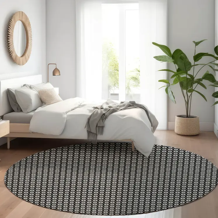 8' Black And Gray Round Floral Washable Indoor Outdoor Area Rug