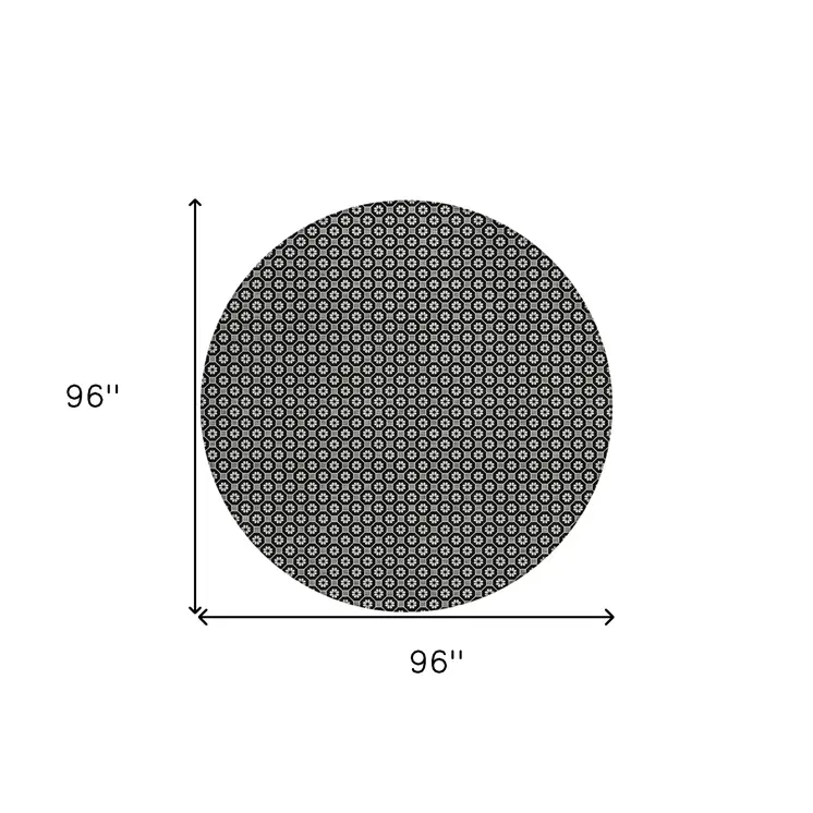 8' Black And Gray Round Floral Washable Indoor Outdoor Area Rug