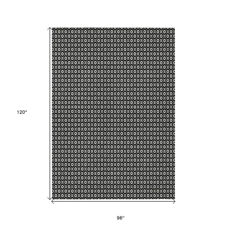 8' X 10' Black And Gray Floral Washable Indoor Outdoor Area Rug