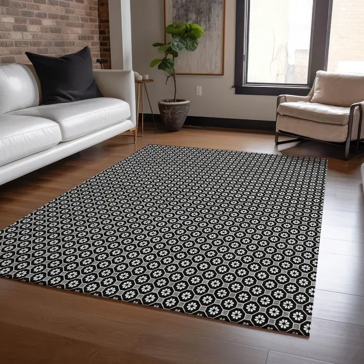 8' X 10' Black And Gray Floral Washable Indoor Outdoor Area Rug