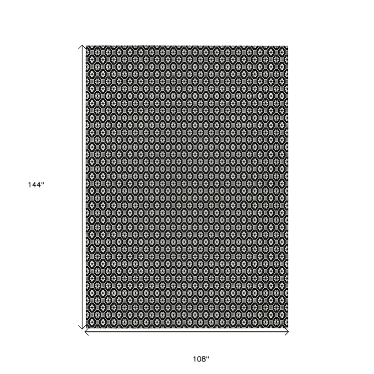 9' X 12' Black And Gray Floral Washable Indoor Outdoor Area Rug