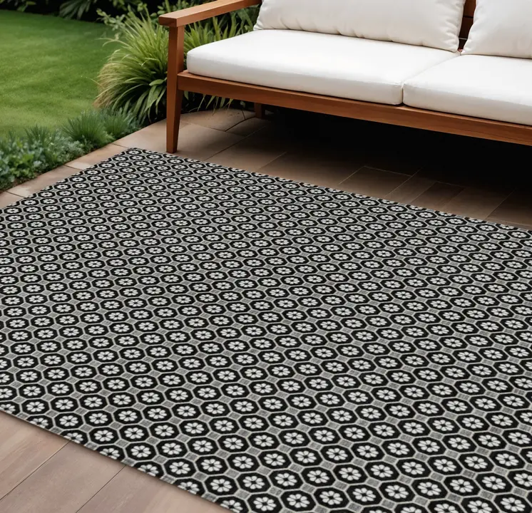 9' X 12' Black And Gray Floral Washable Indoor Outdoor Area Rug