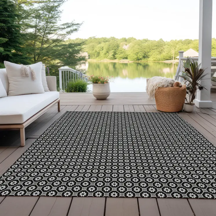 9' X 12' Black And Gray Floral Washable Indoor Outdoor Area Rug
