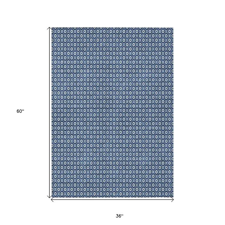 3' X 5' Blue And Sky Blue Floral Washable Indoor Outdoor Area Rug