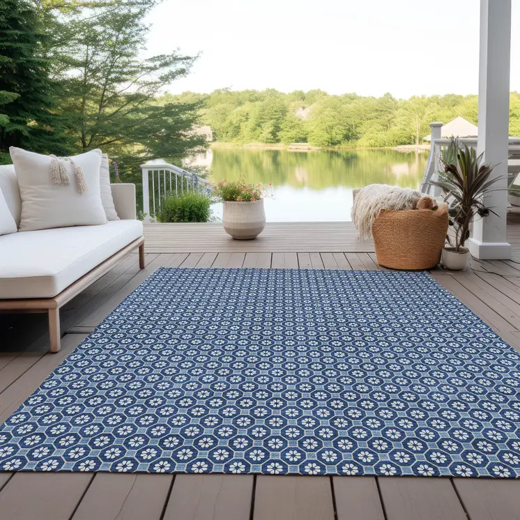 3' X 5' Blue And Sky Blue Floral Washable Indoor Outdoor Area Rug