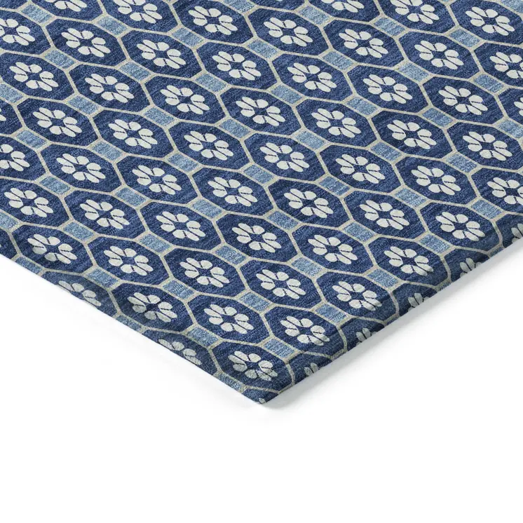 3' X 5' Blue And Sky Blue Floral Washable Indoor Outdoor Area Rug