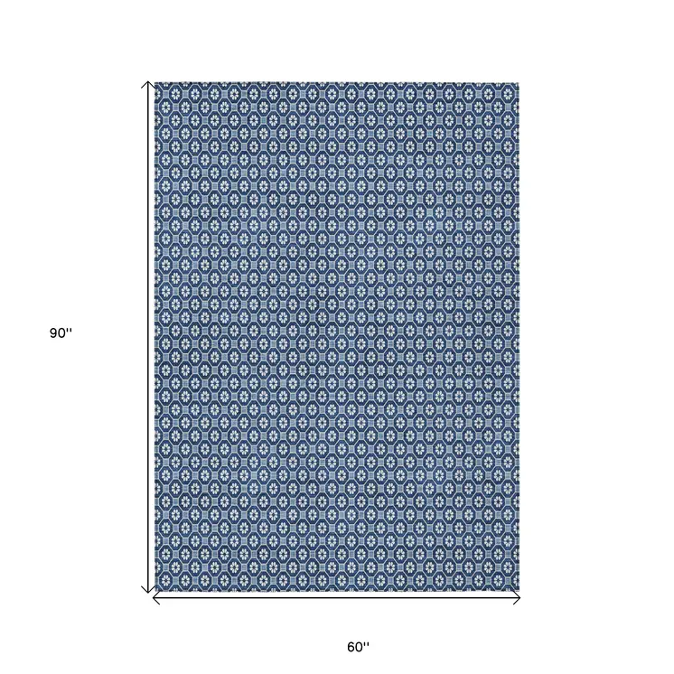 5' X 8' Blue And Sky Blue Floral Washable Indoor Outdoor Area Rug