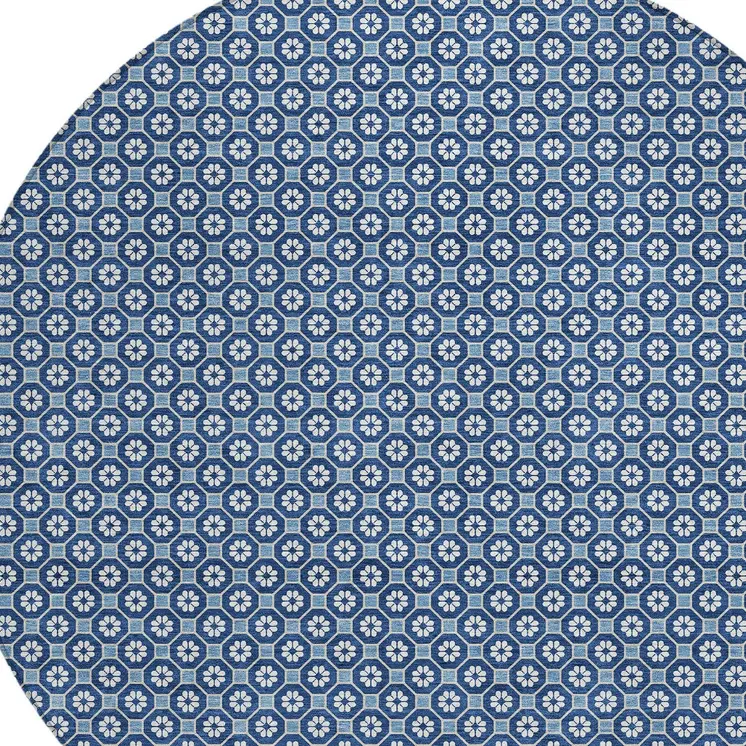 8' Blue And Sky Blue Round Floral Washable Indoor Outdoor Area Rug