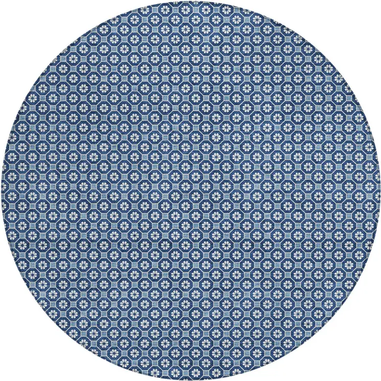 8' Blue And Sky Blue Round Floral Washable Indoor Outdoor Area Rug
