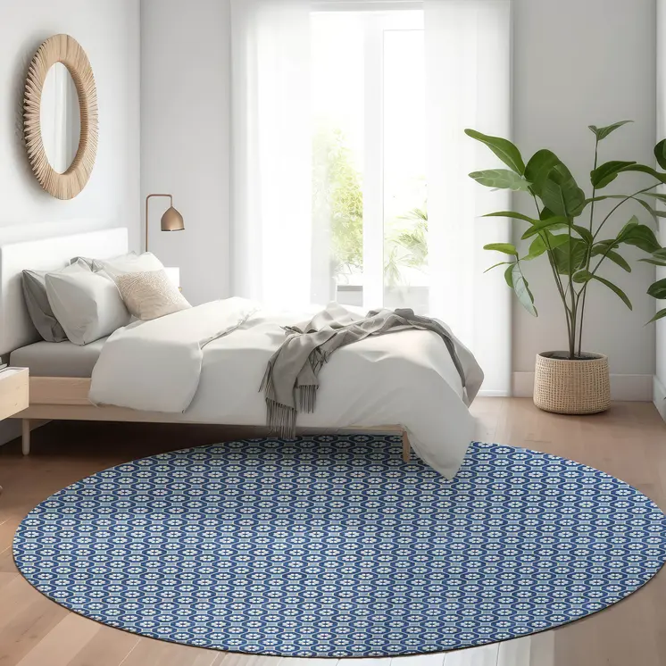 8' Blue And Sky Blue Round Floral Washable Indoor Outdoor Area Rug