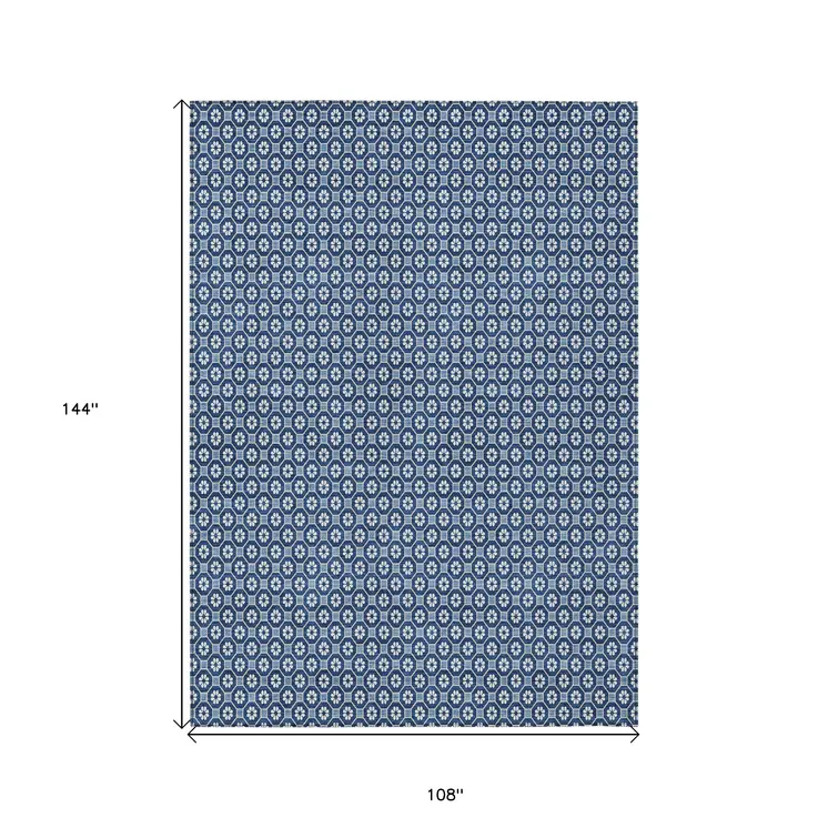 9' X 12' Blue And Sky Blue Floral Washable Indoor Outdoor Area Rug