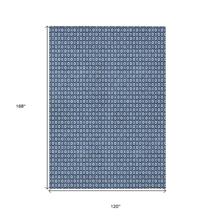 10' X 14' Blue And Sky Blue Floral Washable Indoor Outdoor Area Rug