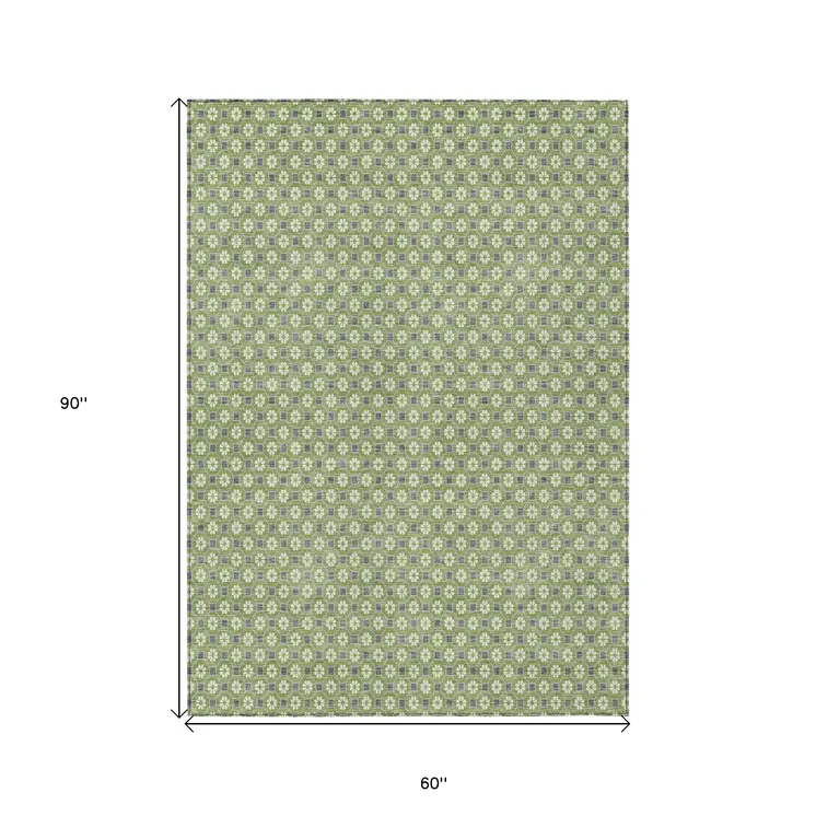 5' X 8' Green And Gray Floral Washable Indoor Outdoor Area Rug
