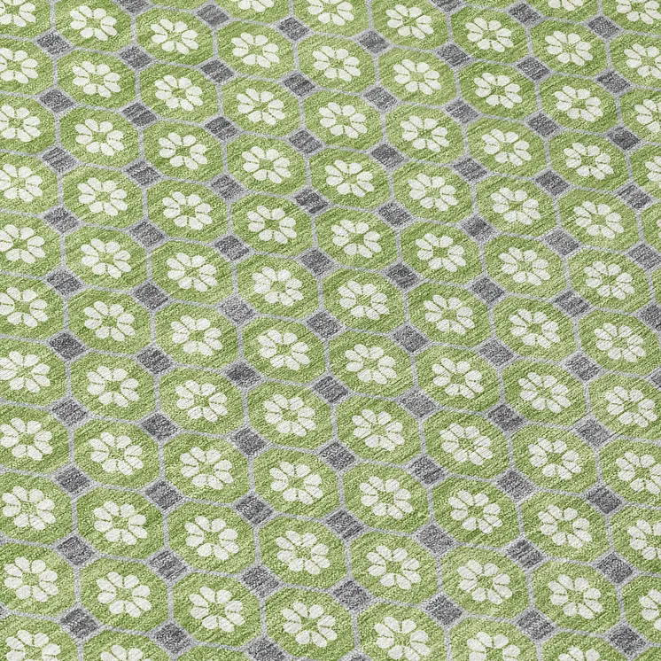 5' X 8' Green And Gray Floral Washable Indoor Outdoor Area Rug