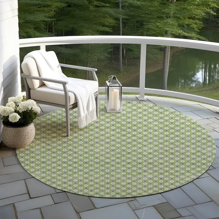 8' Green And Gray Round Floral Washable Indoor Outdoor Area Rug