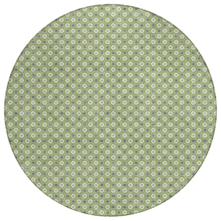 8' Green And Gray Round Floral Washable Indoor Outdoor Area Rug