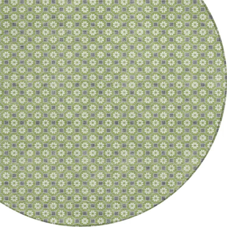 8' Green And Gray Round Floral Washable Indoor Outdoor Area Rug