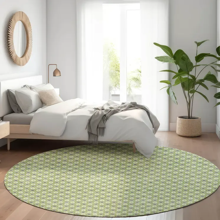 8' Green And Gray Round Floral Washable Indoor Outdoor Area Rug