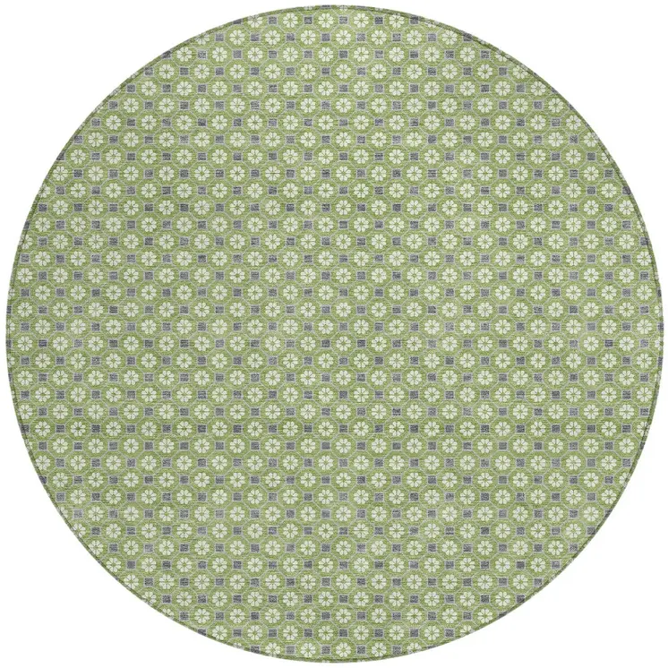 8' Green And Gray Round Floral Washable Indoor Outdoor Area Rug