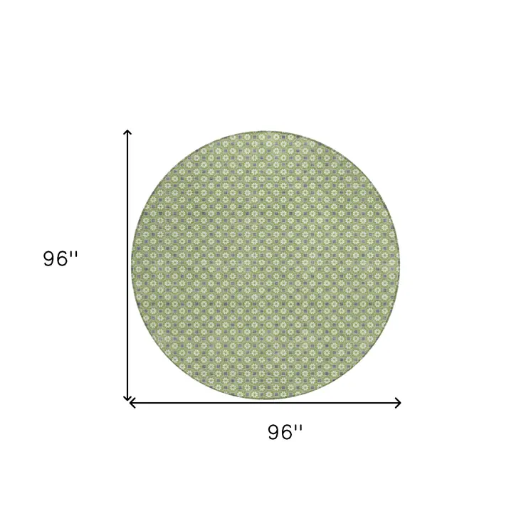8' Green And Gray Round Floral Washable Indoor Outdoor Area Rug