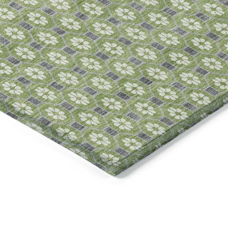 8' X 10' Green And Gray Floral Washable Indoor Outdoor Area Rug