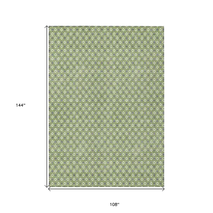 9' X 12' Green And Gray Floral Washable Indoor Outdoor Area Rug