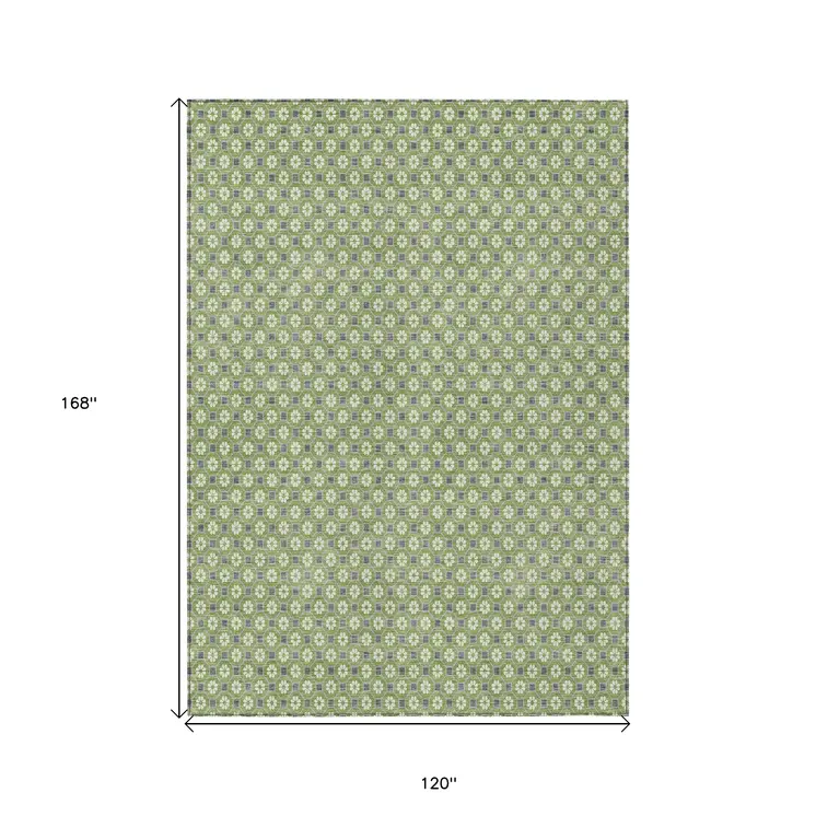 10' X 14' Green And Gray Floral Washable Indoor Outdoor Area Rug