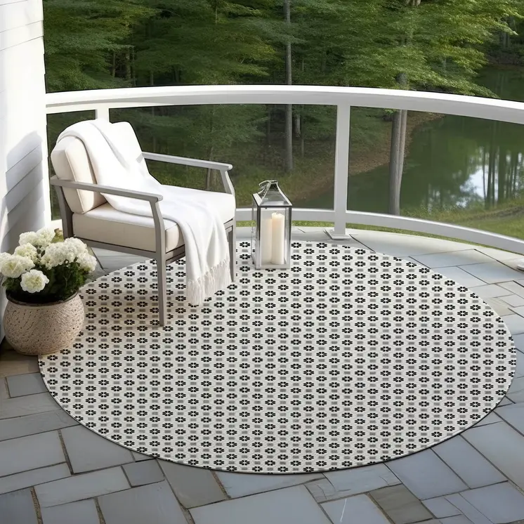 8' Ivory And Black Round Floral Washable Indoor Outdoor Area Rug