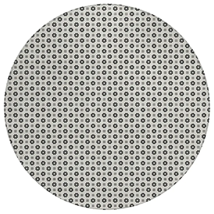 8' Ivory And Black Round Floral Washable Indoor Outdoor Area Rug