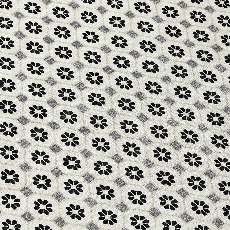 8' Ivory And Black Round Floral Washable Indoor Outdoor Area Rug