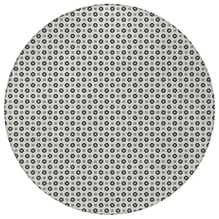 8' Ivory And Black Round Floral Washable Indoor Outdoor Area Rug