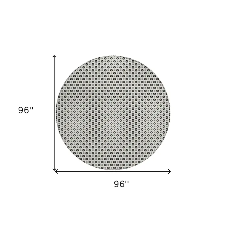 8' Ivory And Black Round Floral Washable Indoor Outdoor Area Rug