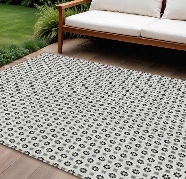 9' X 12' Ivory And Black Floral Washable Indoor Outdoor Area Rug