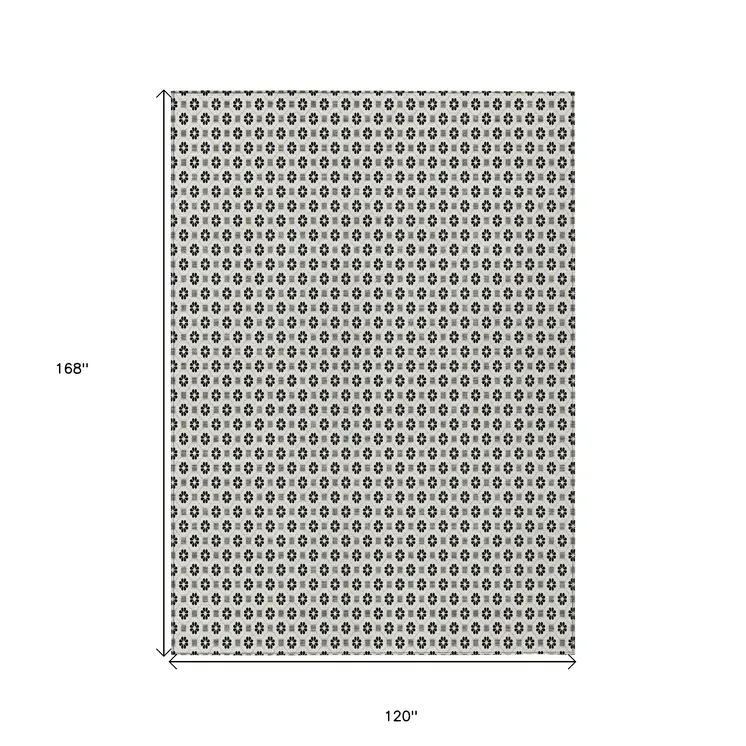 10' X 14' Ivory And Black Floral Washable Indoor Outdoor Area Rug