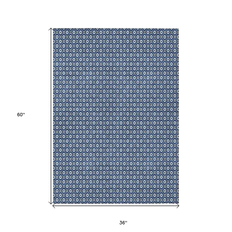 3' X 5' Navy Blue And Gray Floral Washable Indoor Outdoor Area Rug