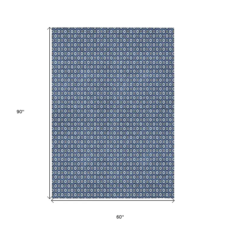 5' X 8' Navy Blue And Gray Floral Washable Indoor Outdoor Area Rug