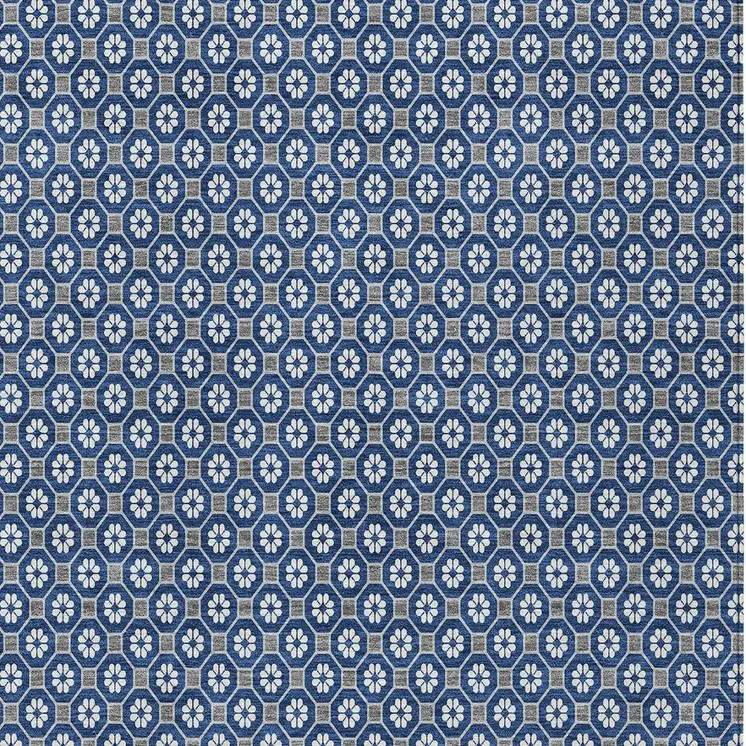 5' X 8' Navy Blue And Gray Floral Washable Indoor Outdoor Area Rug